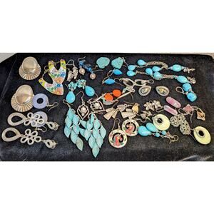 Twenty-Five Pair Silver Tone Turquoise Color Themed Pierced Earrings Jewelry Lot